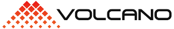 The image displays the logo for 'VOLCANO', featuring a triangle pattern of increasingly smaller orange diamonds on the left, alongside the bold, black text 'VOLCANO' on the right. (Captioned by AI)