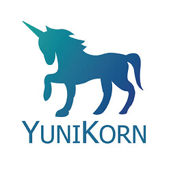 The image is a blue silhouette of a unicorn with the word 'YUNIKORN' written below it. (Captioned by AI)