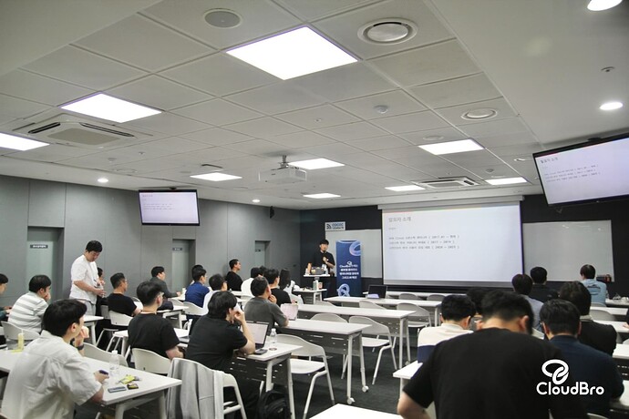 The image shows a group of people sitting in a classroom setting, one person standing at the front giving a presentation with a projector displaying information on the wall screen. (Captioned by AI)