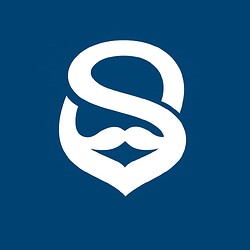 The image features a stylized letter "S" intertwined with a mustache shape on a navy blue background. (Captioned by AI)