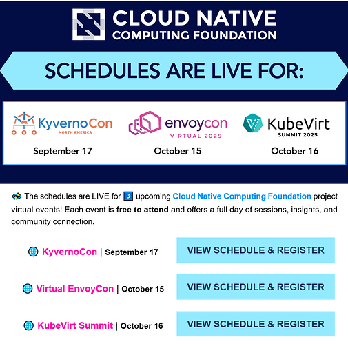 KyvernoCon, Virtual EnvoyCon & KubeVirt Summit